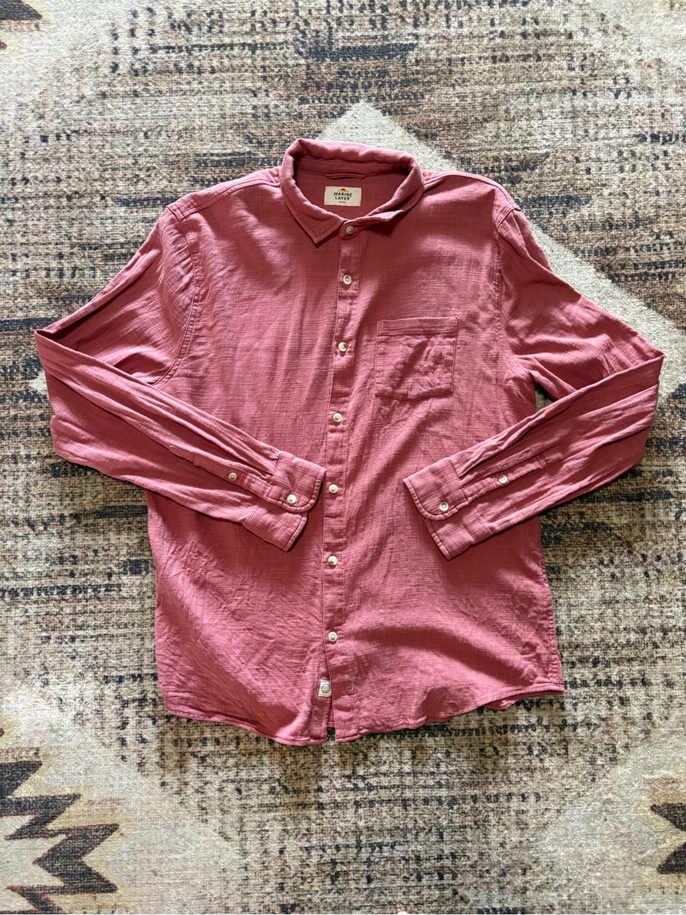 Marine Layer Stretch Selvage Button Up Mens Size Marge Rose Red Long Sleeve - Picture 2 of 7